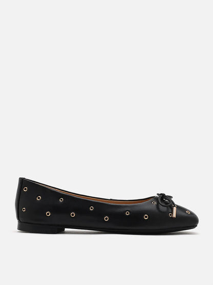 PAZZION, Olympia Eyelet and Bow Square Toe Flats, Black