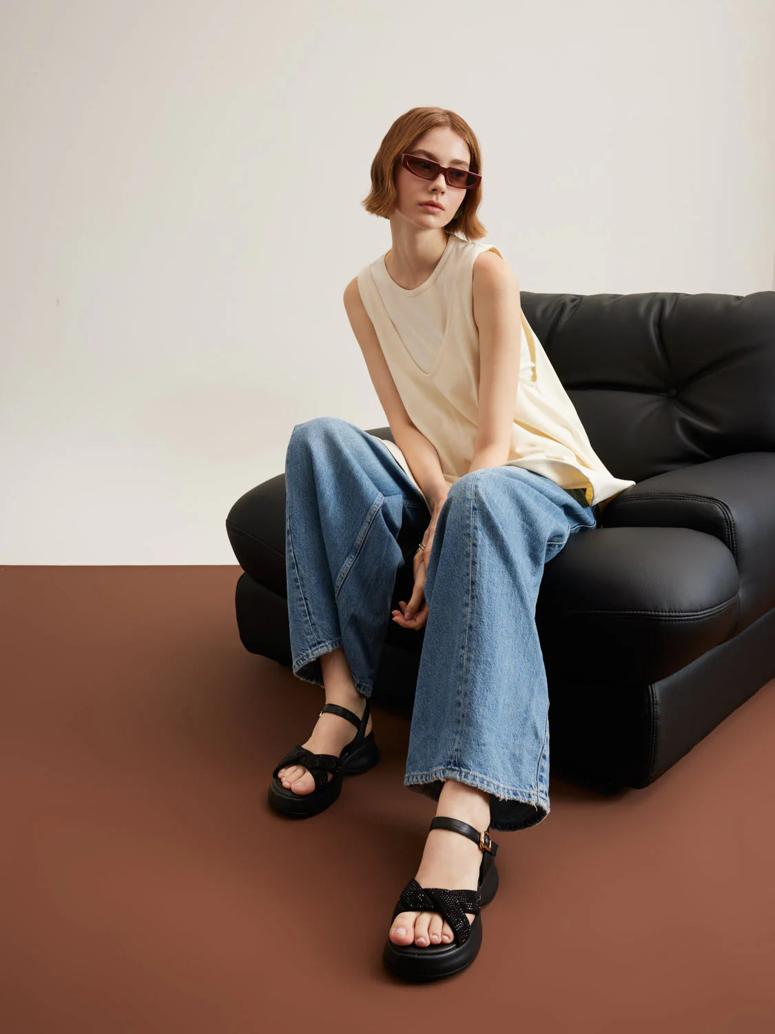 PAZZION, Olyvienne Crystal Embellished Platform Sandals, Black