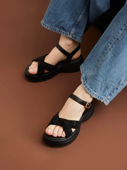 PAZZION, Olyvienne Crystal Embellished Platform Sandals, Black
