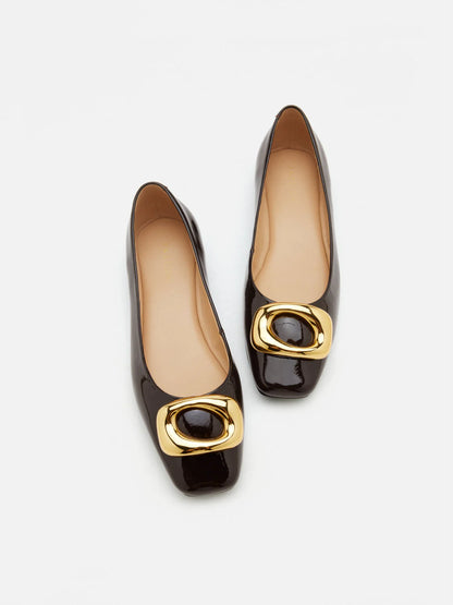 PAZZION, Oriella Gold Buckle Square-Toe Flats, Darkbrown