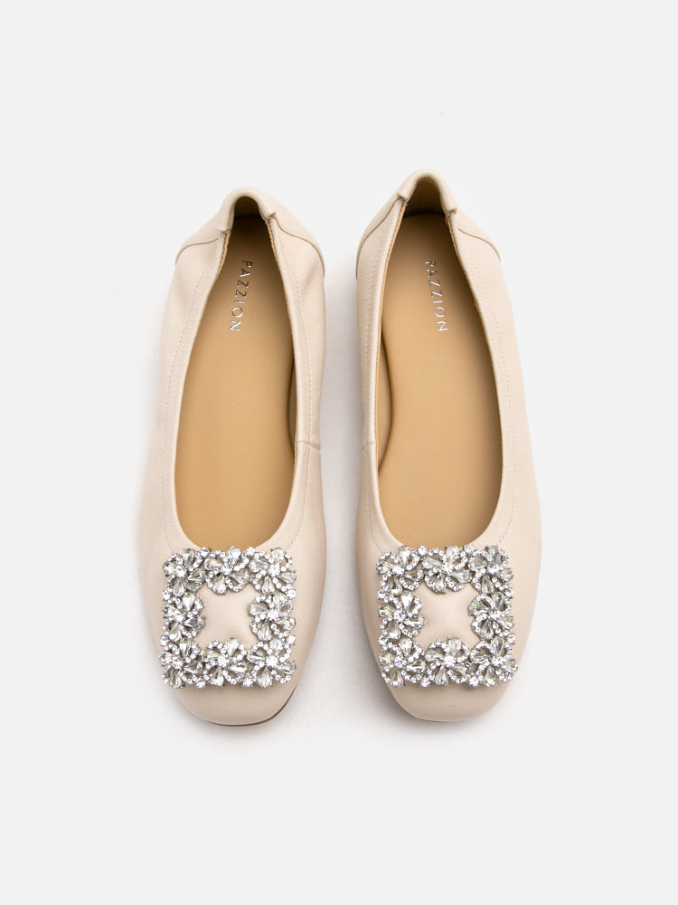 PAZZION, Oriole Embellished Buckle Ballet Flats, Beige