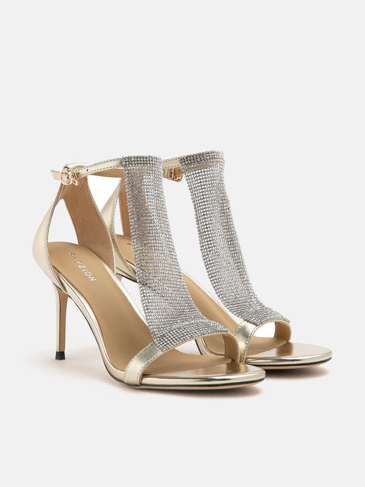 PAZZION, Orion Diamante Embellished Strappy Heels, Gold