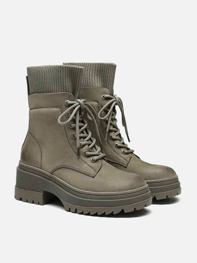 PAZZION, Ottilie Leather and Flyknit Ankle Boots, Darkgreen