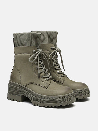 PAZZION, Ottilie Leather and Flyknit Ankle Boots, Darkgreen