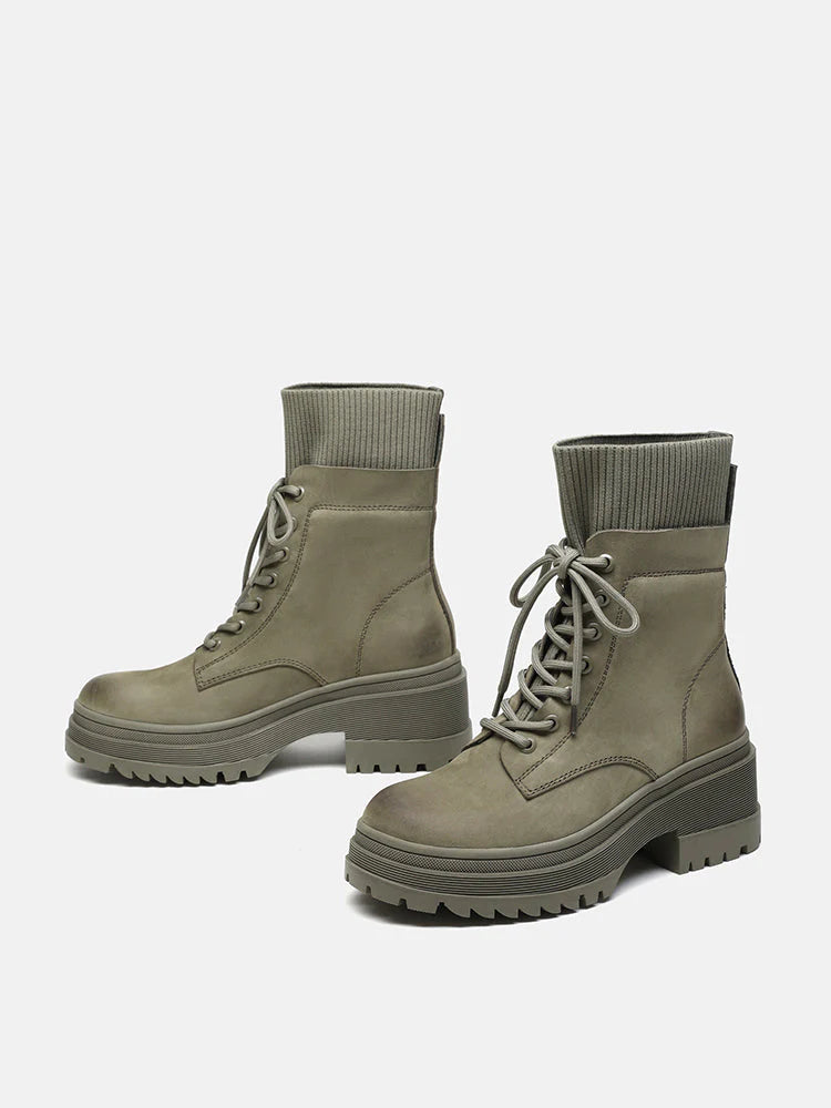 PAZZION, Ottilie Leather and Flyknit Ankle Boots, Darkgreen