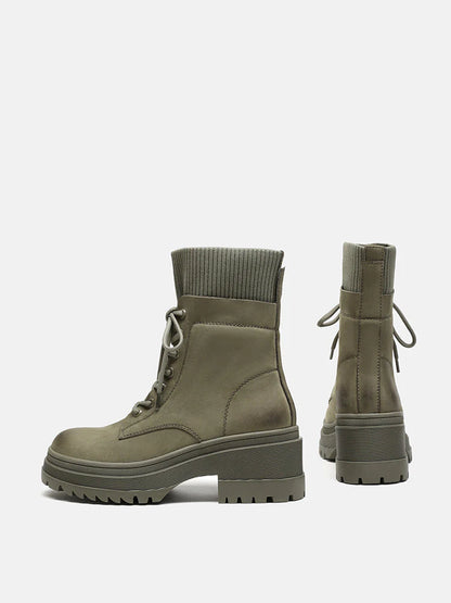 PAZZION, Ottilie Leather and Flyknit Ankle Boots, Darkgreen