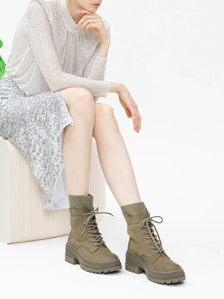 PAZZION, Ottilie Leather and Flyknit Ankle Boots, Darkgreen