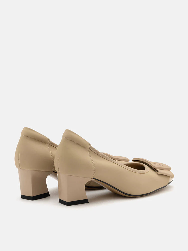 PAZZION, Penelope Elegant Buckle Block Heels, Almond