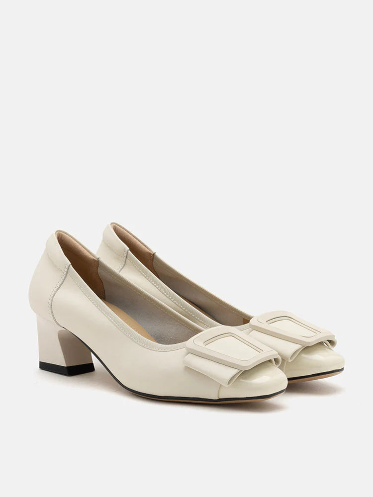 PAZZION, Penelope Elegant Buckle Block Heels, Beige