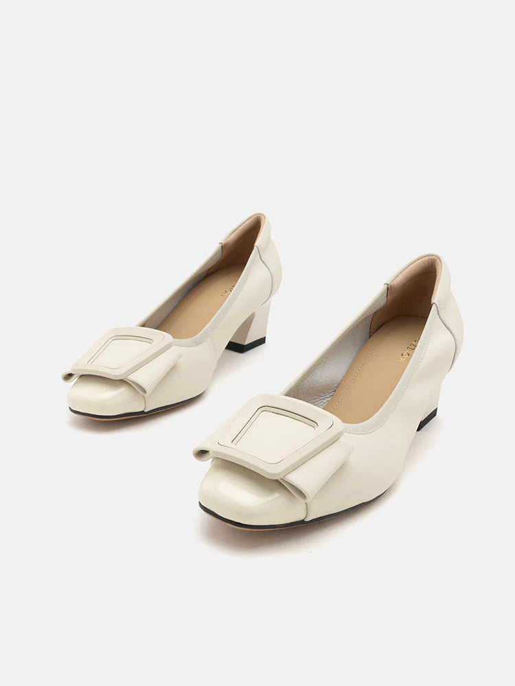 PAZZION, Penelope Elegant Buckle Block Heels, Beige