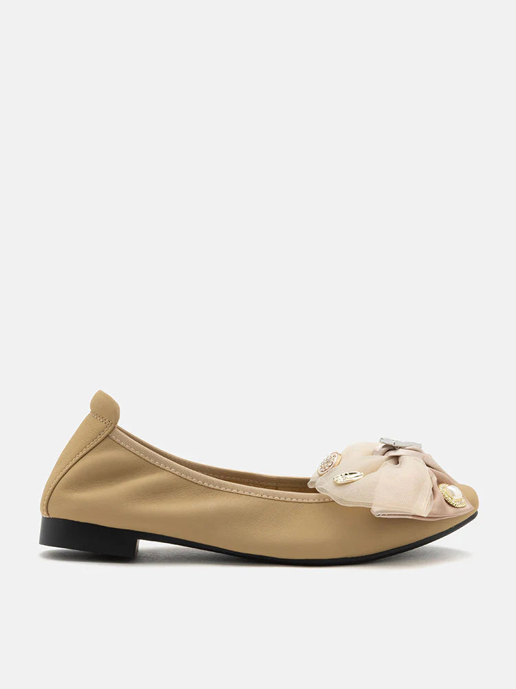 PAZZION, Phoebe Embellished Double Bowknot Flats, Almond