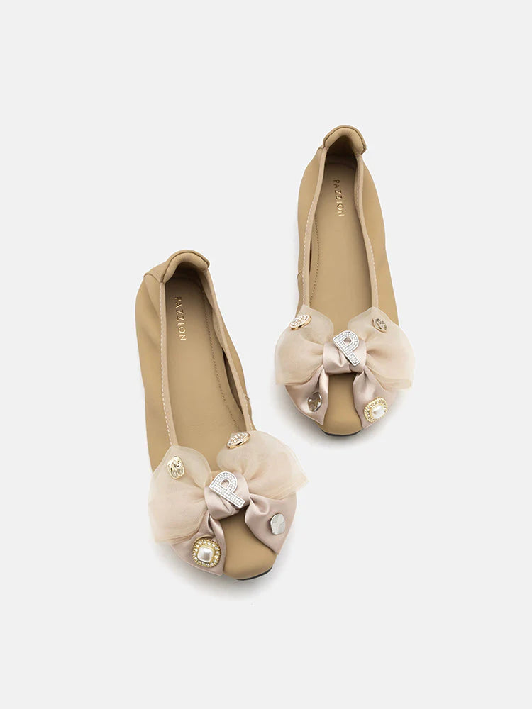 PAZZION, Phoebe Embellished Double Bowknot Flats, Almond