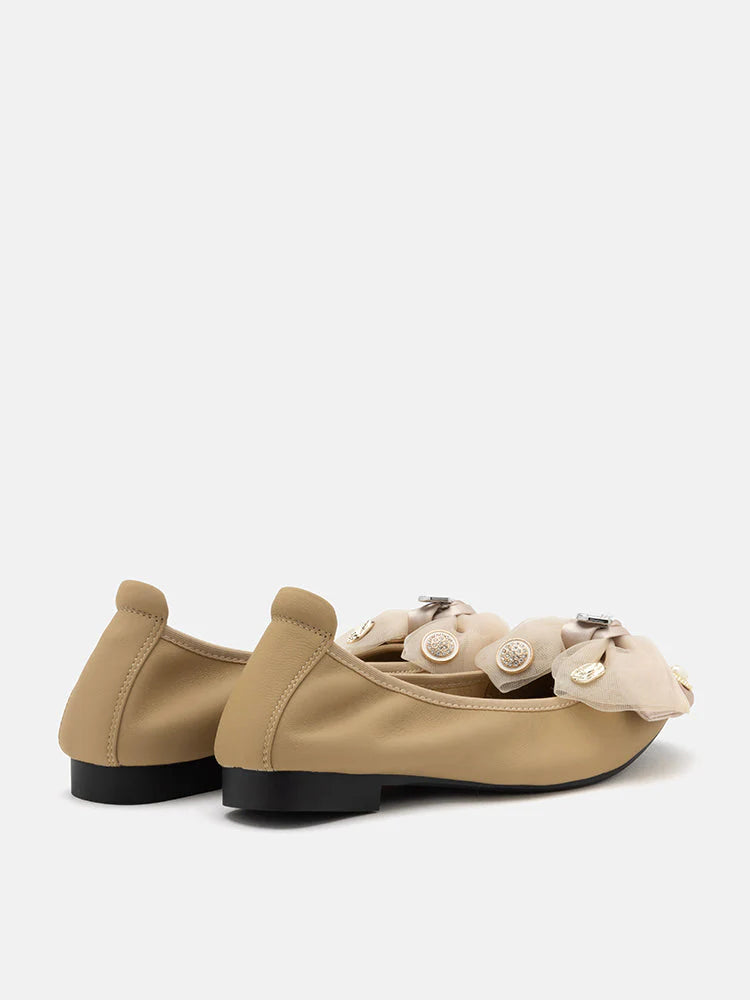 PAZZION, Phoebe Embellished Double Bowknot Flats, Almond