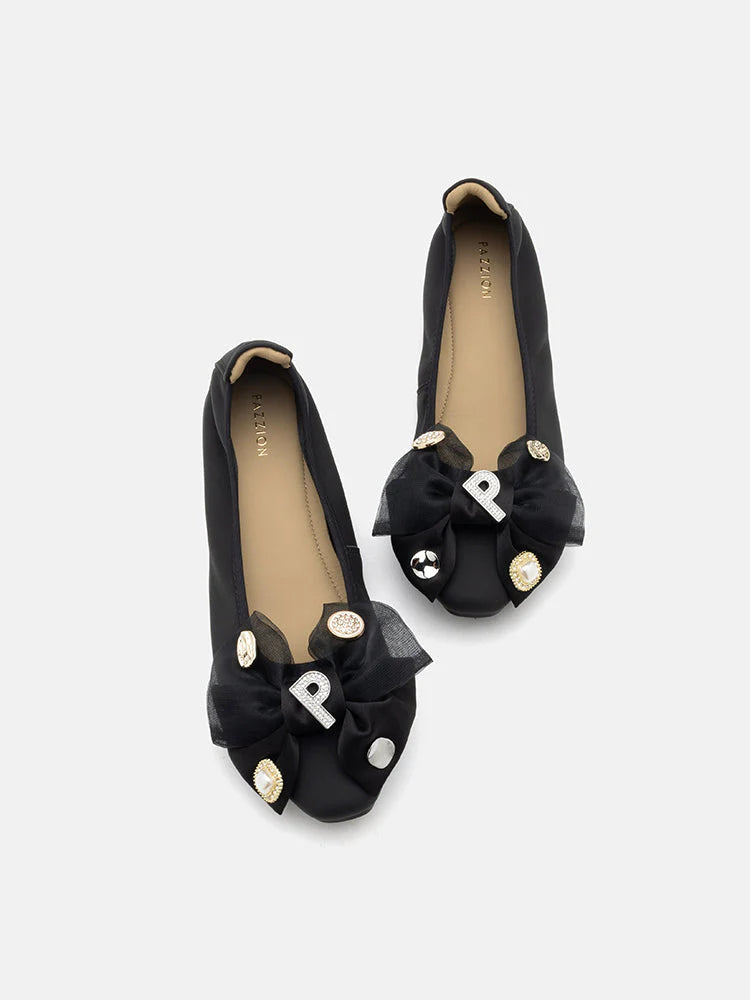 PAZZION, Phoebe Embellished Double Bowknot Flats, Black