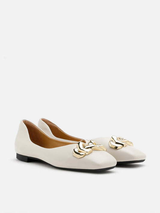 PAZZION, Qistina Gold Chained Curved Flats, Beige