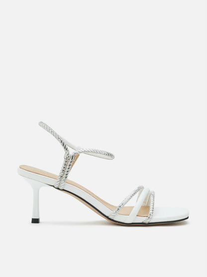 PAZZION, Quinella Crystal Embellished Sandal Heels, Beige