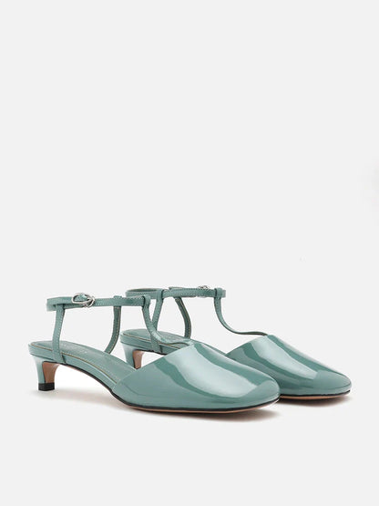 PAZZION, Quinn Patent Wide-Toe Slingback Heels, Blue