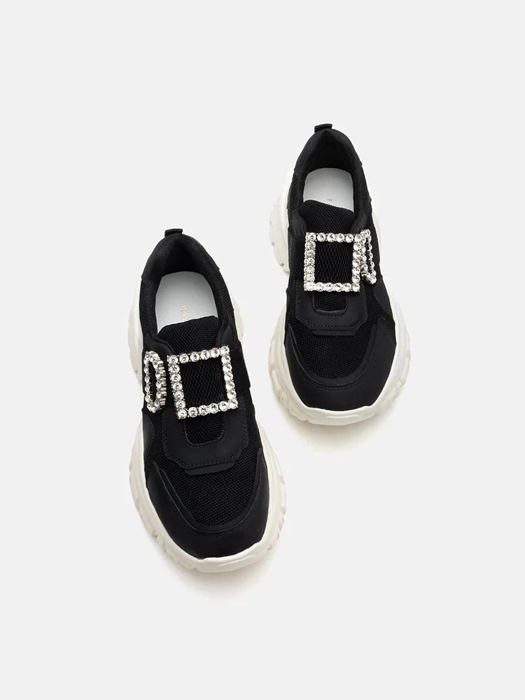 PAZZION, Raven Crystal Embellished Buckle Sneakers, Black