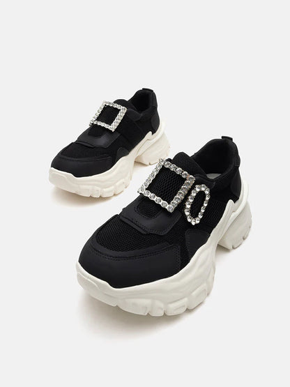 PAZZION, Raven Crystal Embellished Buckle Sneakers, Black