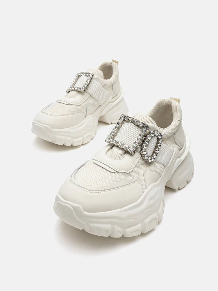 PAZZION, Raven Crystal Embellished Buckle Sneakers, White