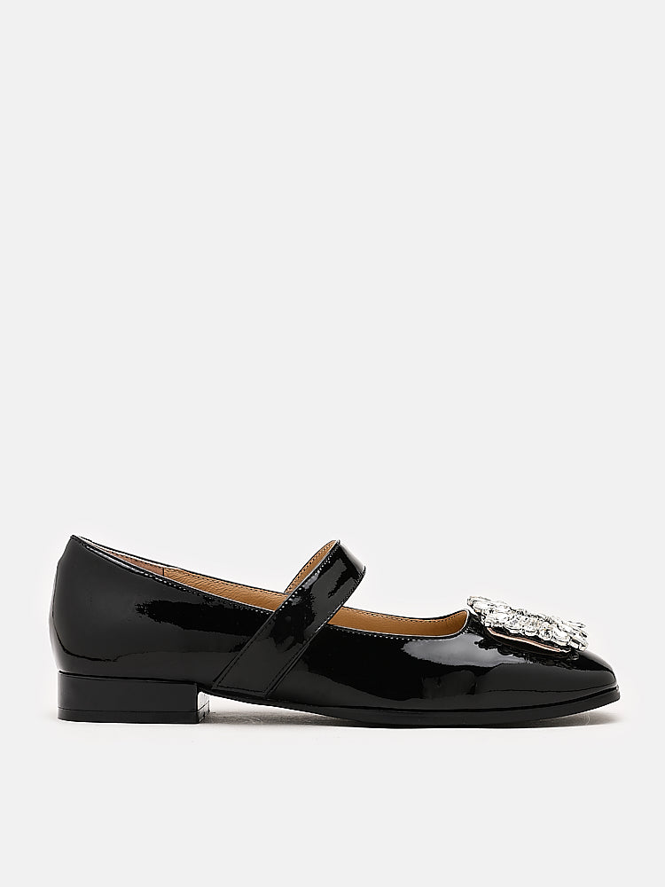 PAZZION, Rena Rhinestone Patent Flats Maryjanes, Black