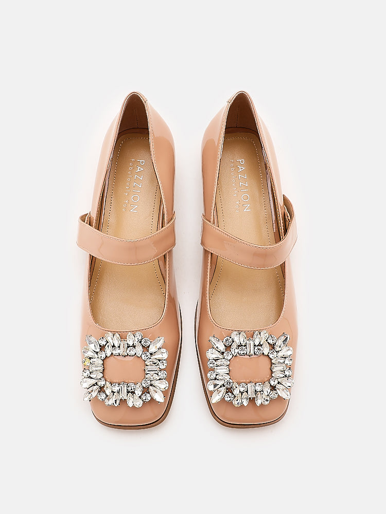 PAZZION, Rena Rhinestone Patent Flats Maryjanes, Pink