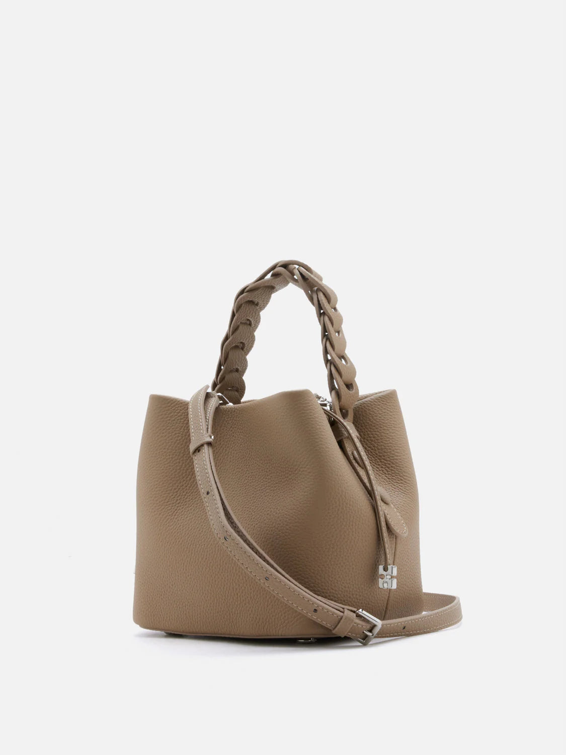 PAZZION, Reza Braided Handle Bucket Bag, Khaki