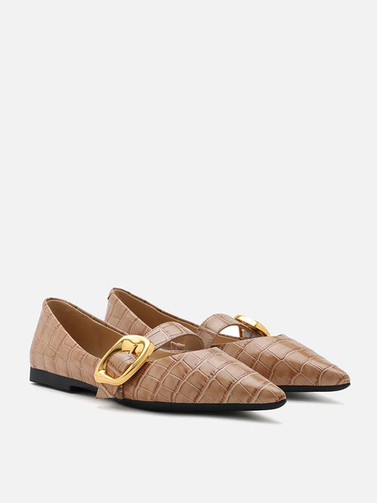 PAZZION, Riley Gold Buckled Embossed Leather Mary Janes, Almond