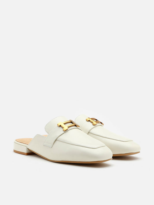 PAZZION, Romee Vintage Gold Buckle Slip On Mules, Beige