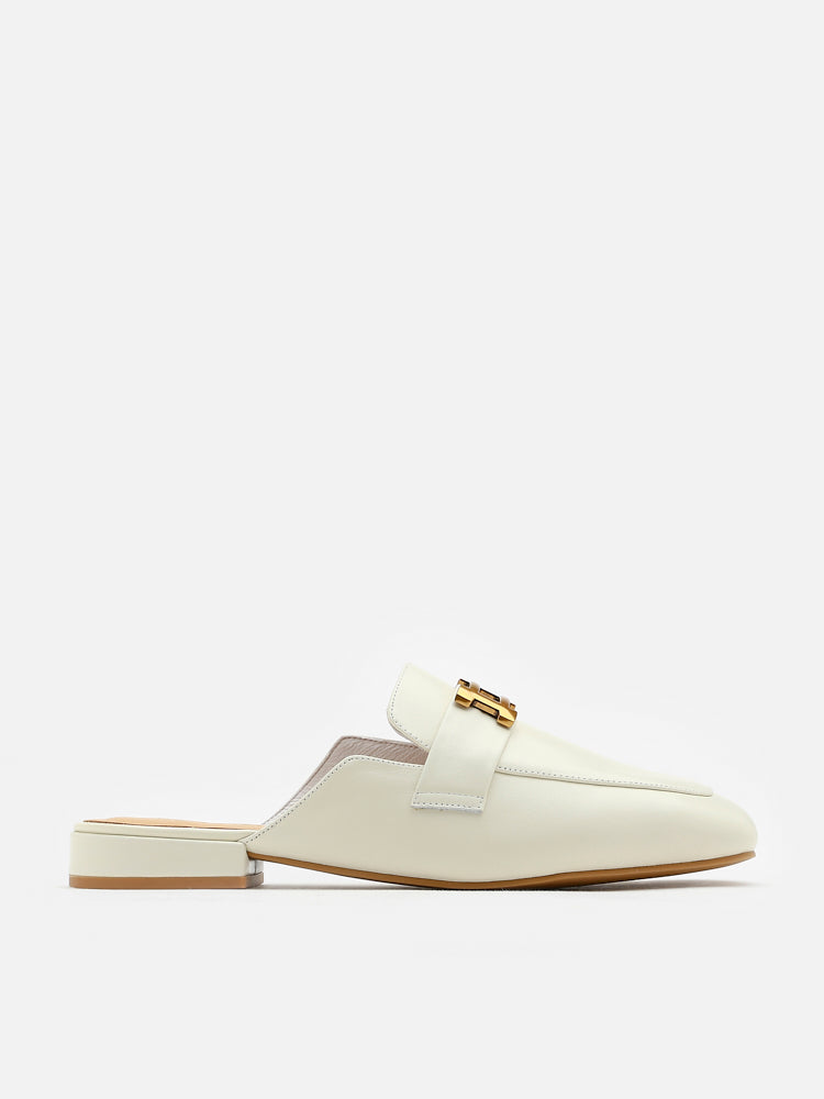 PAZZION, Romee Vintage Gold Buckle Slip On Mules, Beige