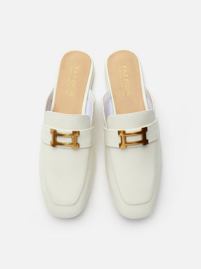 PAZZION, Romee Vintage Gold Buckle Slip On Mules, Beige