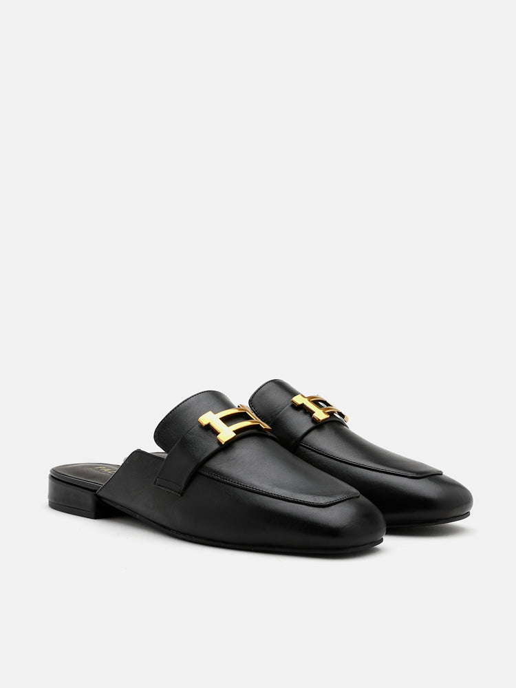 PAZZION, Romee Vintage Gold Buckle Slip On Mules, Black