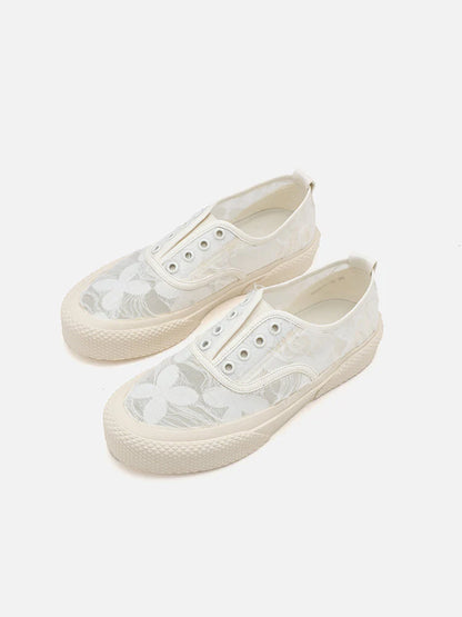 PAZZION, Rory Floral Embroidered Lace Slip-on Sneakers, White