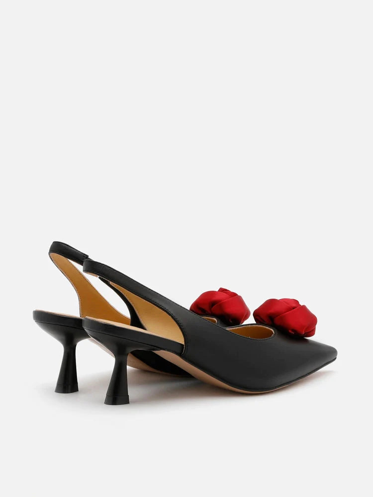 PAZZION, Rosalie Floral Point-Toe Slingback Heels, Black