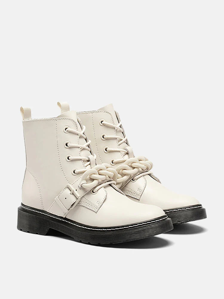 PAZZION, Rowena Chained Lace Up Ankle Boots, Beige