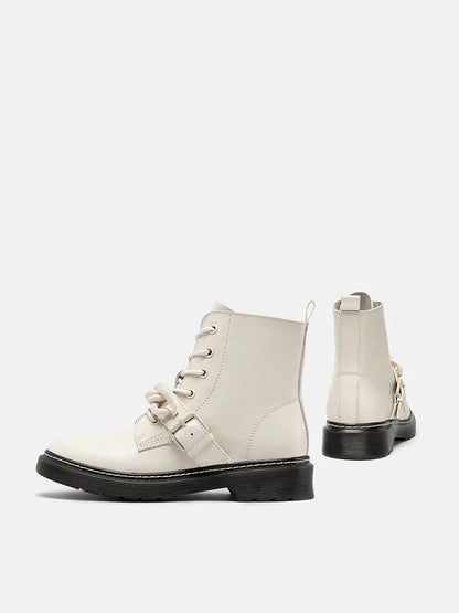 PAZZION, Rowena Chained Lace Up Ankle Boots, Beige