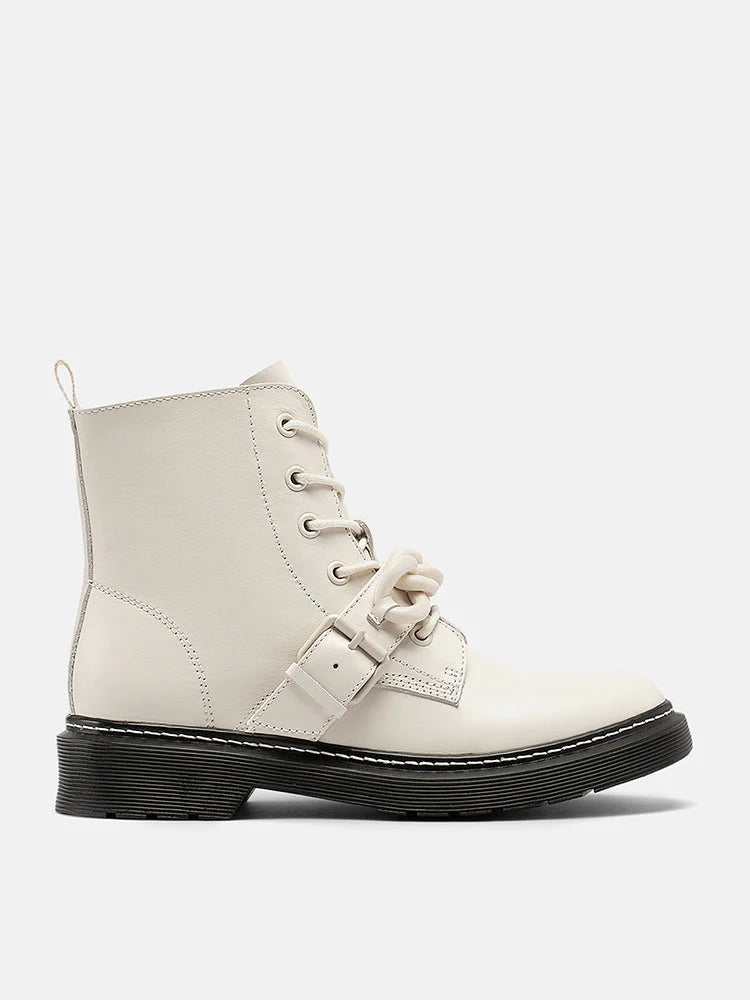 PAZZION, Rowena Chained Lace Up Ankle Boots, Beige