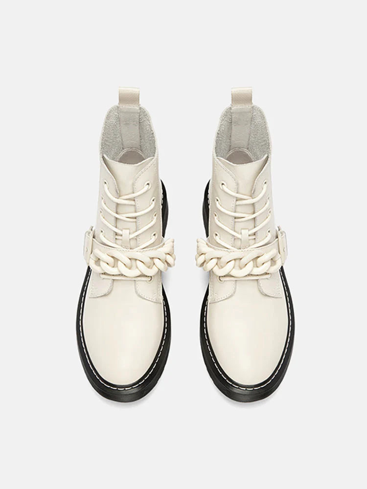 PAZZION, Rowena Chained Lace Up Ankle Boots, Beige