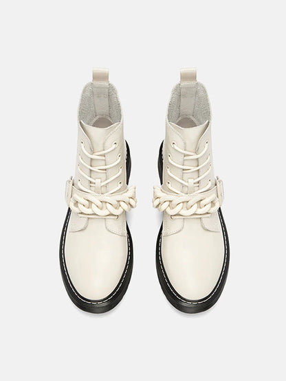 PAZZION, Rowena Chained Lace Up Ankle Boots, Beige