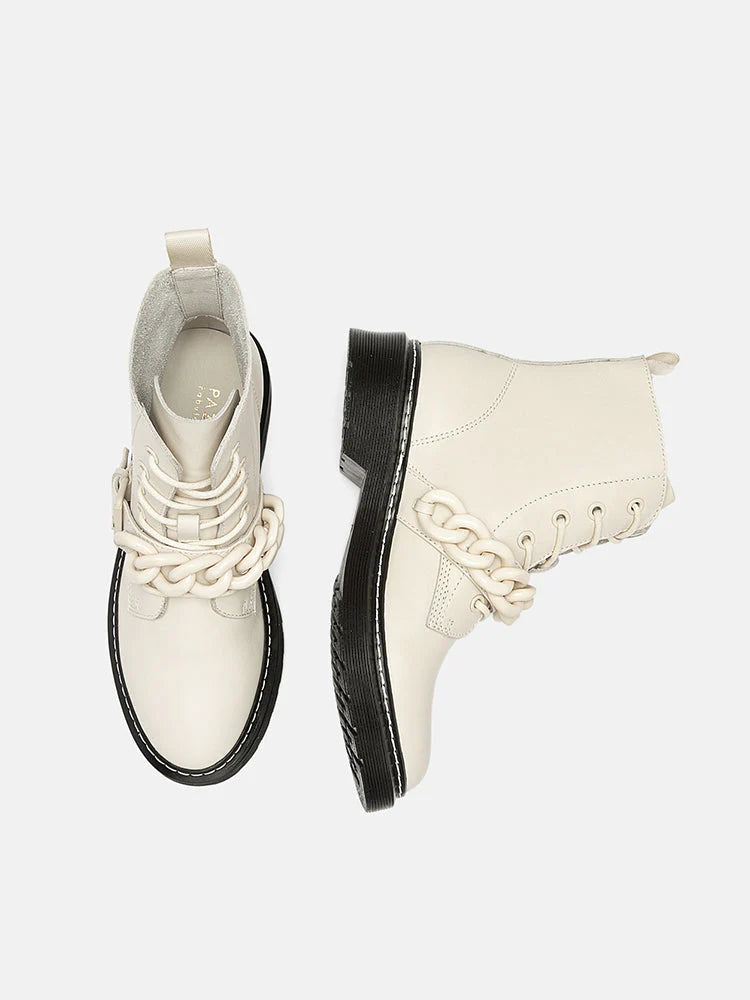 PAZZION, Rowena Chained Lace Up Ankle Boots, Beige