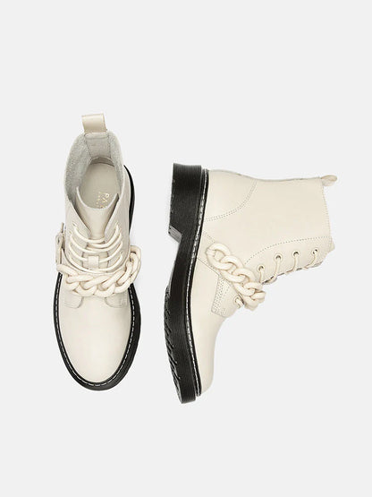 PAZZION, Rowena Chained Lace Up Ankle Boots, Beige