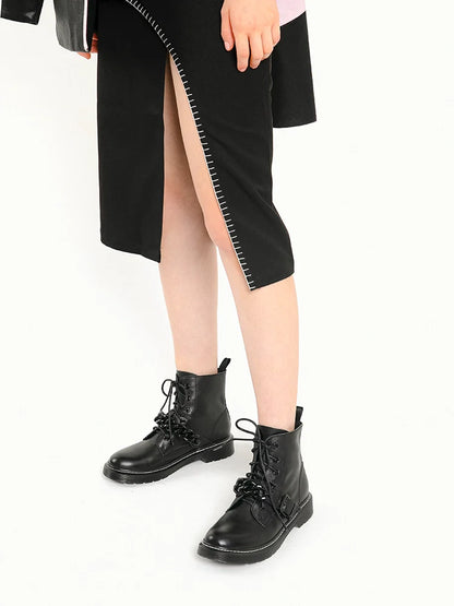 PAZZION, Rowena Chained Lace Up Ankle Boots, Black