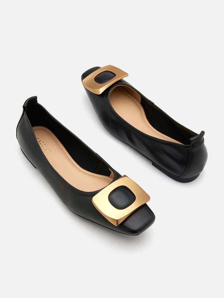 PAZZION, Sage Brass Gold Buckled Flats, Black