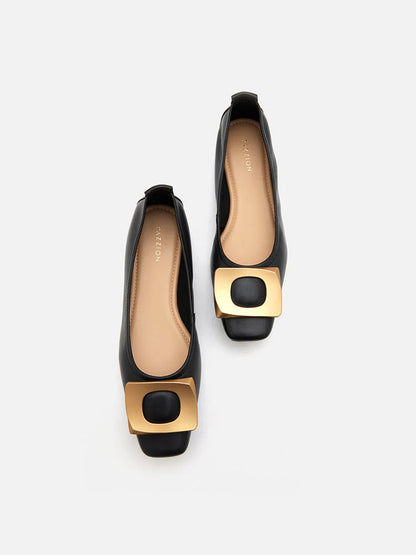 PAZZION, Sage Brass Gold Buckled Flats, Black