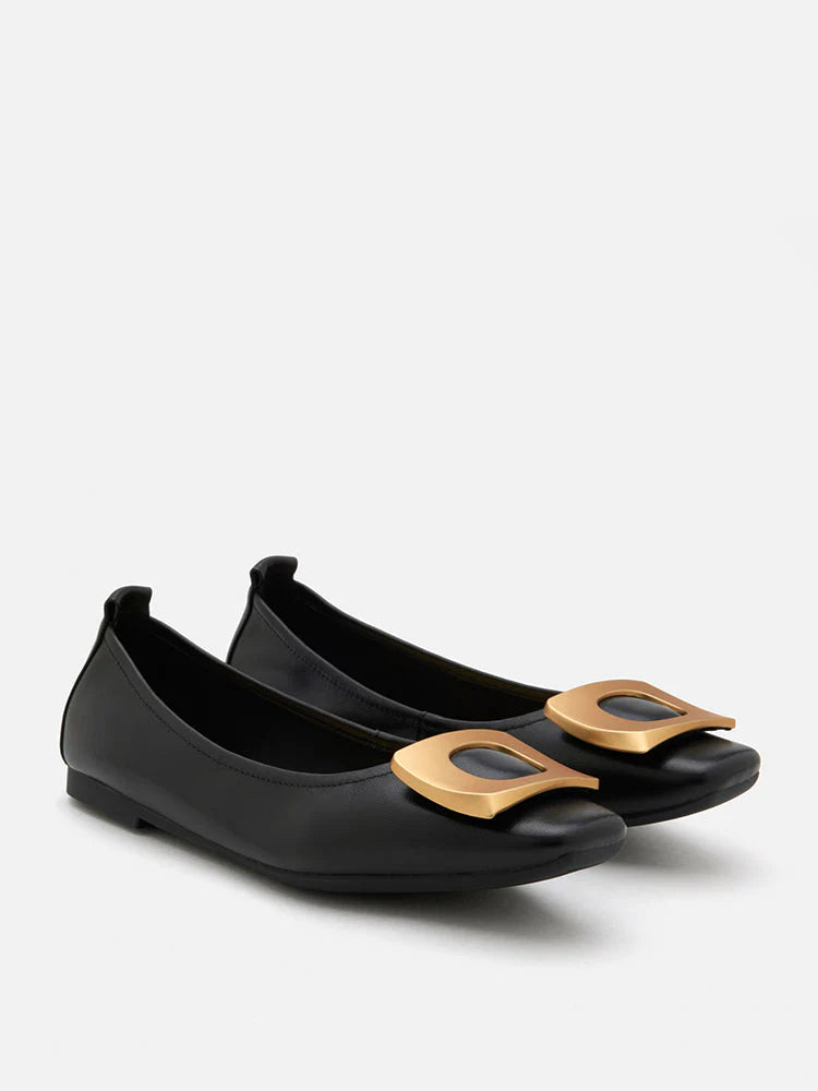 PAZZION, Sage Brass Gold Buckled Flats, Black