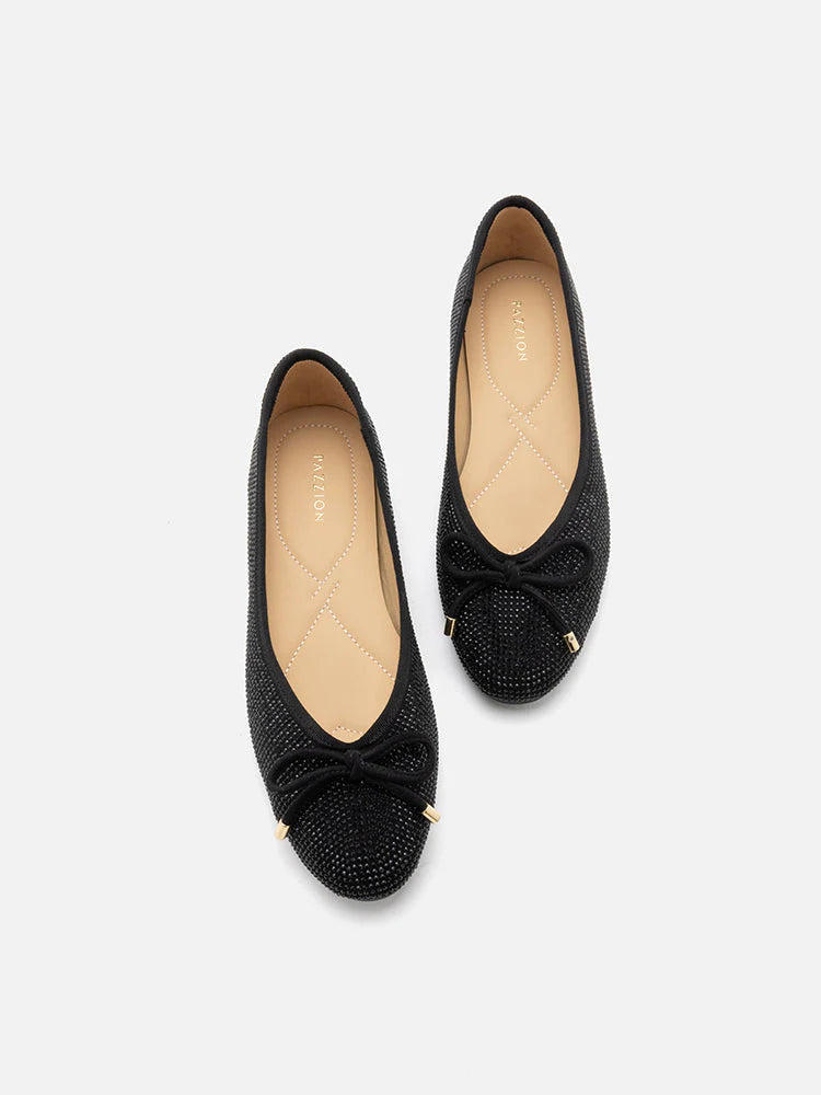 PAZZION, Saylor Crystal-Embellished Suede Bow Flats, Black