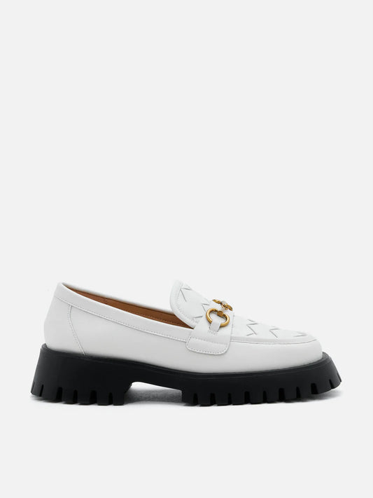 PAZZION, Serivelle Woven Buckle Leather Platform Loafers, Beige