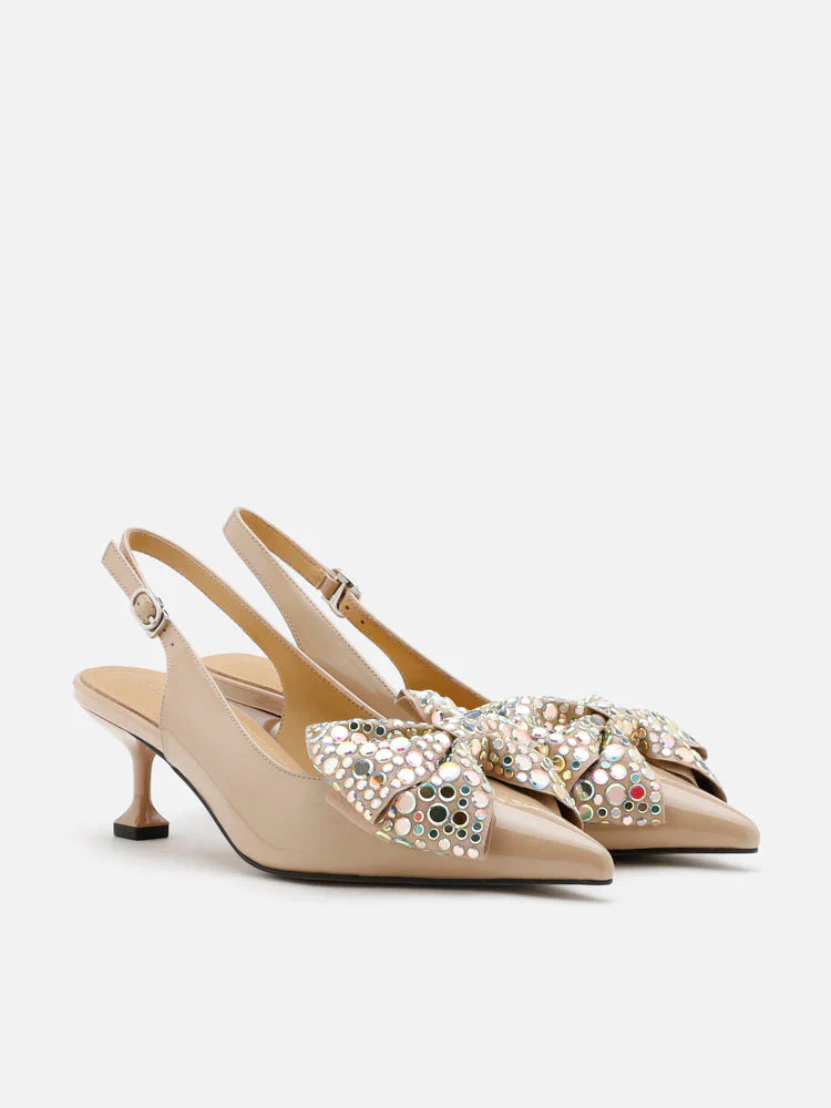 PAZZION, Sienna Sequinned Ribbon Slingback Pumps, Almond