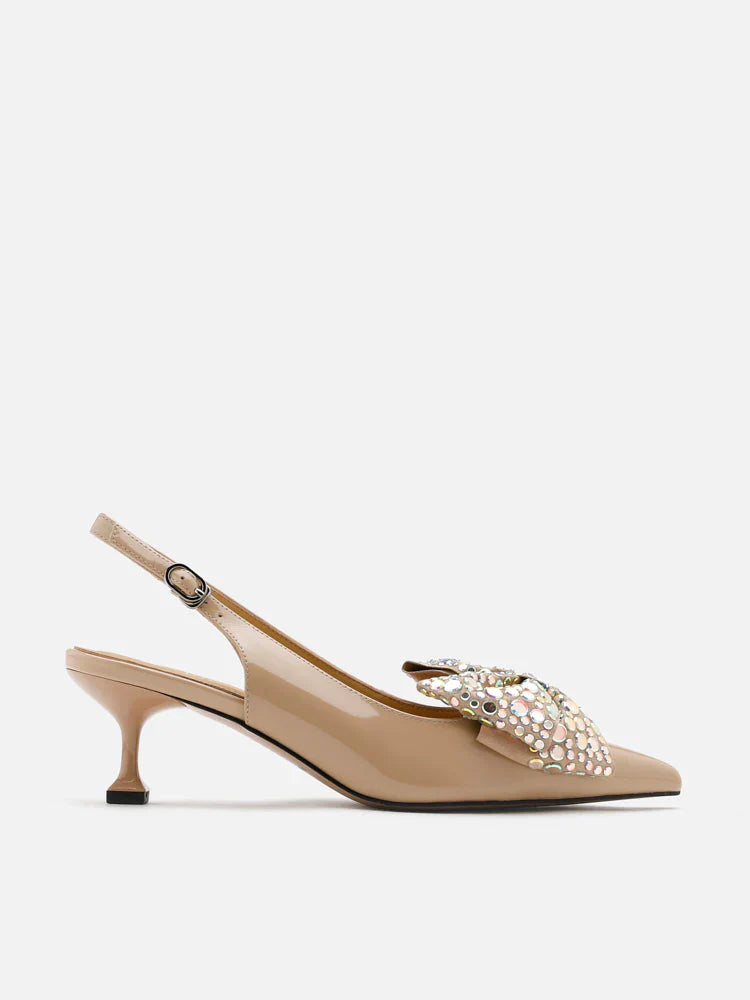 PAZZION, Sienna Sequinned Ribbon Slingback Pumps, Almond