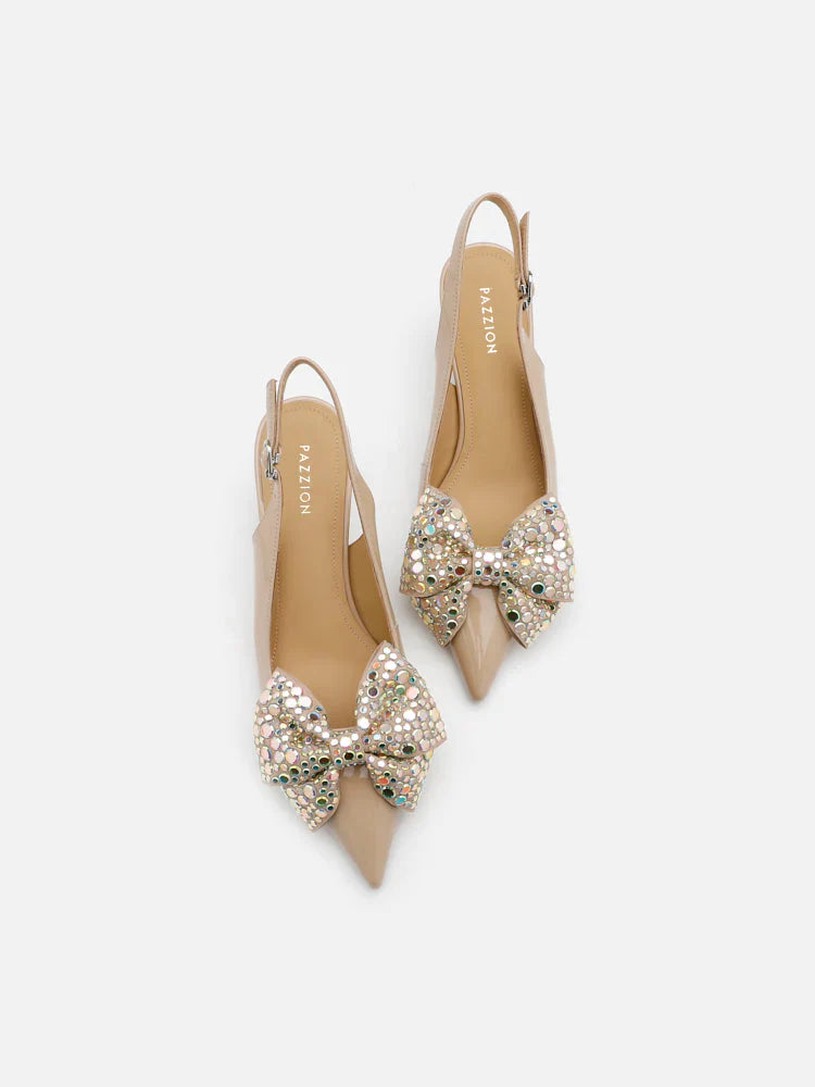 PAZZION, Sienna Sequinned Ribbon Slingback Pumps, Almond